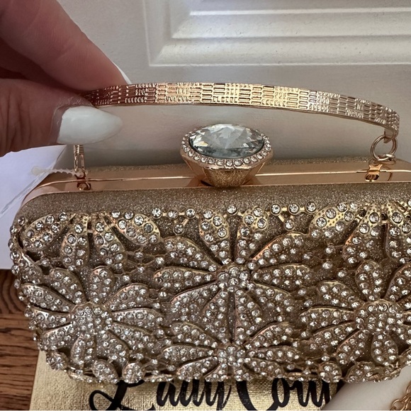 NWT Sparkly Gold Flower Handle  Rhinestones Evening Wedding Bridal Clutch Bag - Picture 3 of 9